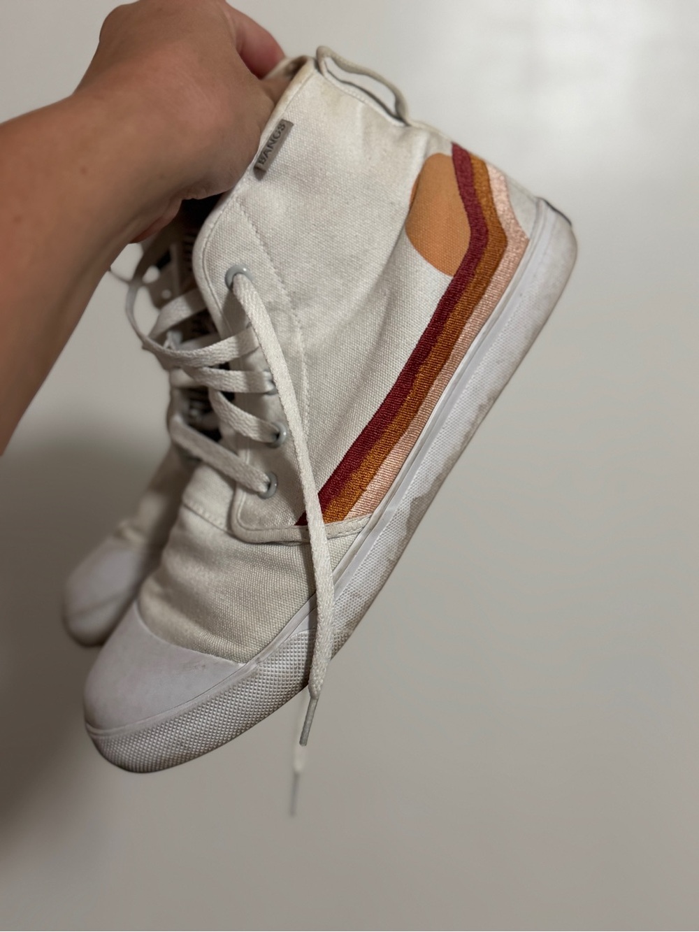BANGS White wHigh-Top Canvas Sneakers with Sunset Stripe